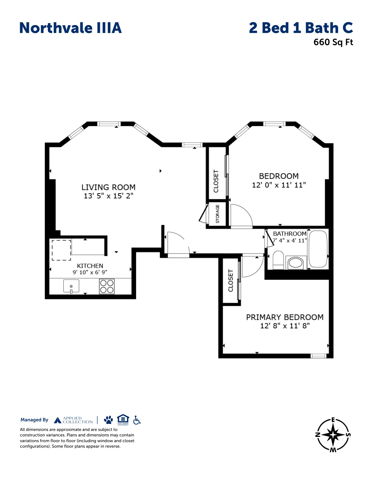 Floor plan for 2 beds, 660 sqft